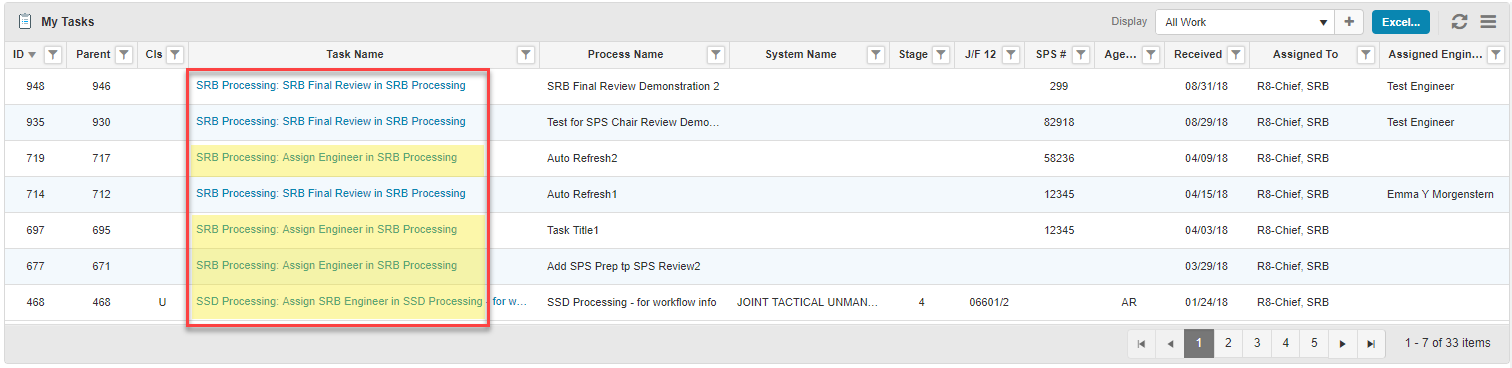 SRB Engineering Tasks within the My Tasks Table